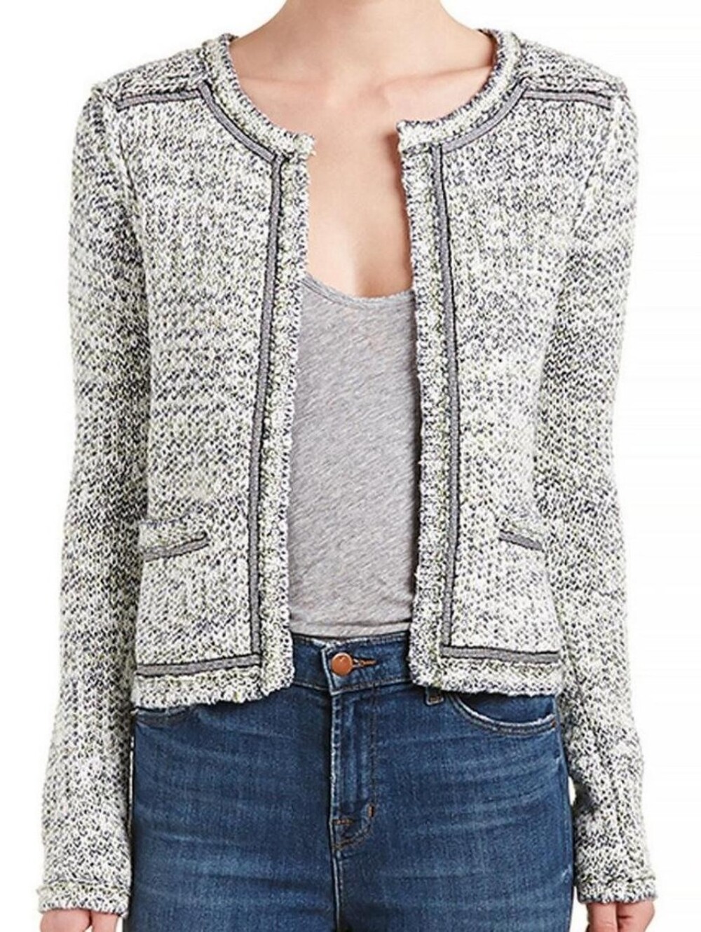 Maje Open-Front Bouclé Knit Blazer Cardigan Green White Tweed